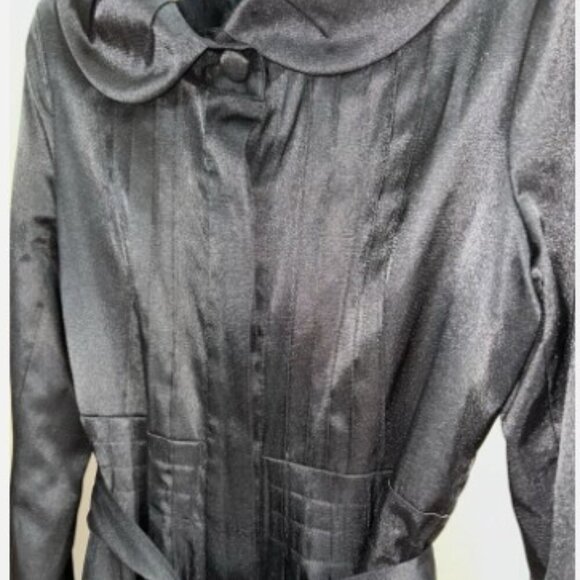 CC Couture Fitted Ruffle Collar Wrap Belted Satin Velvet Black Jacket Size Small - Picture 8 of 14